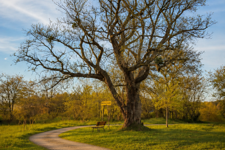 Holzbank mit der Aufschrift „Mitfahrbank" und ein Wegweiser nach Strausberg Nord am Ortsausgang Klosterdorf