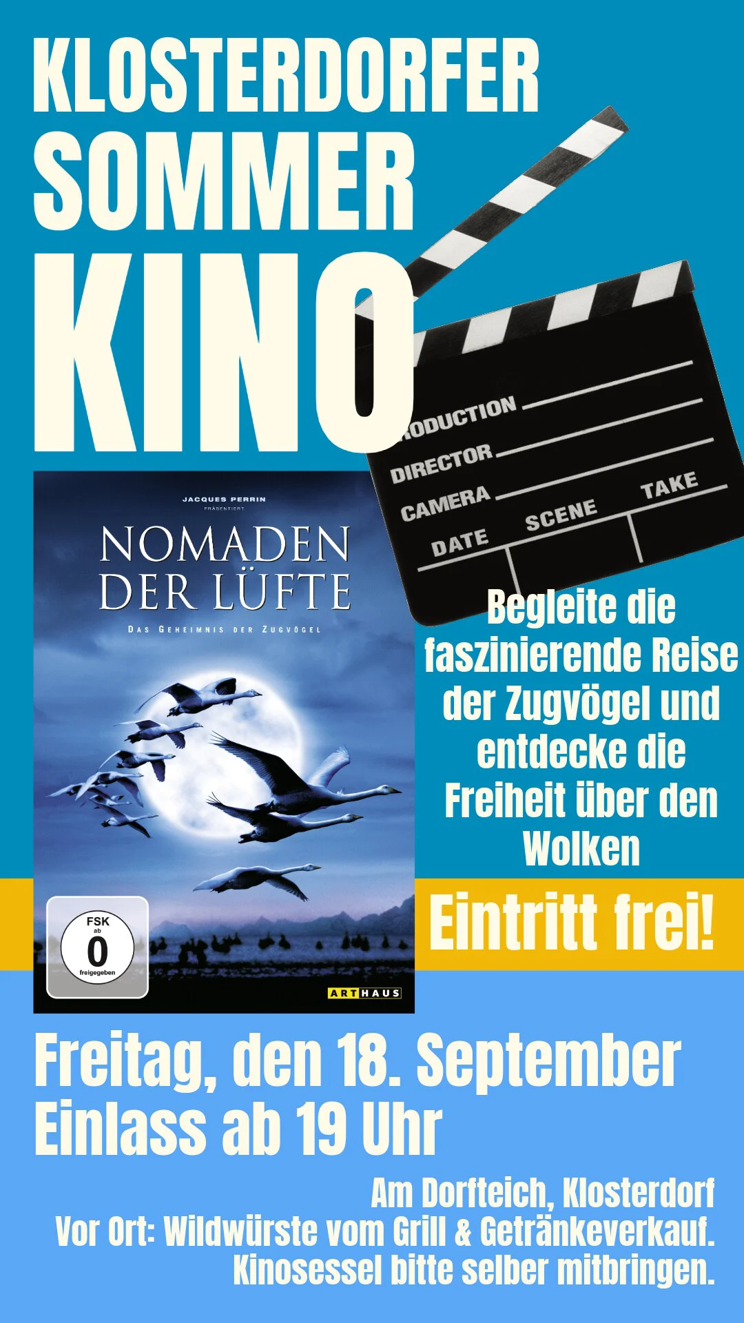 Plakat: Klosterdorfer SommerKino – „Nomaden der Lüfte“. Freitag, 18. September, Einlass ab 19 Uhr, am Dorfteich. Eintritt frei. Vor Ort Wildwürste vom Grill und Getränkeverkauf, Kinosessel bitte selbst mitbringen.